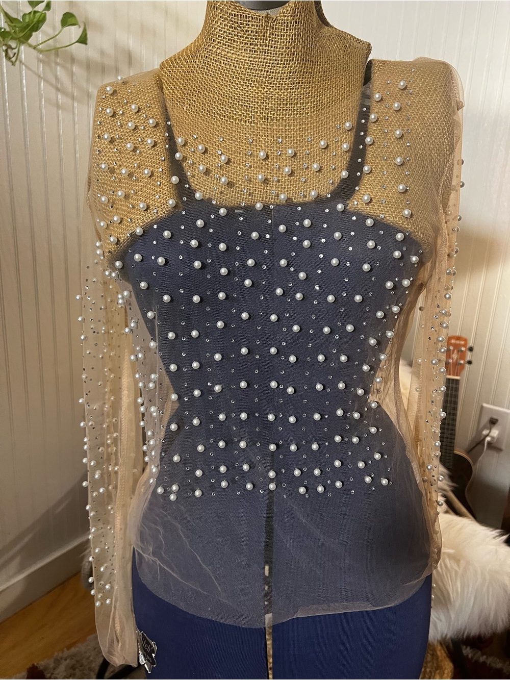 Sheer Pearl-rhinestone Embellished Nude top